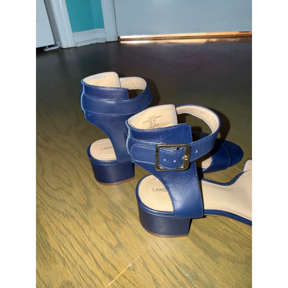 Lands End Womens Navy Blue Leather Block Heel Ankle Strap Sandals 6B - Picture 7 of 8